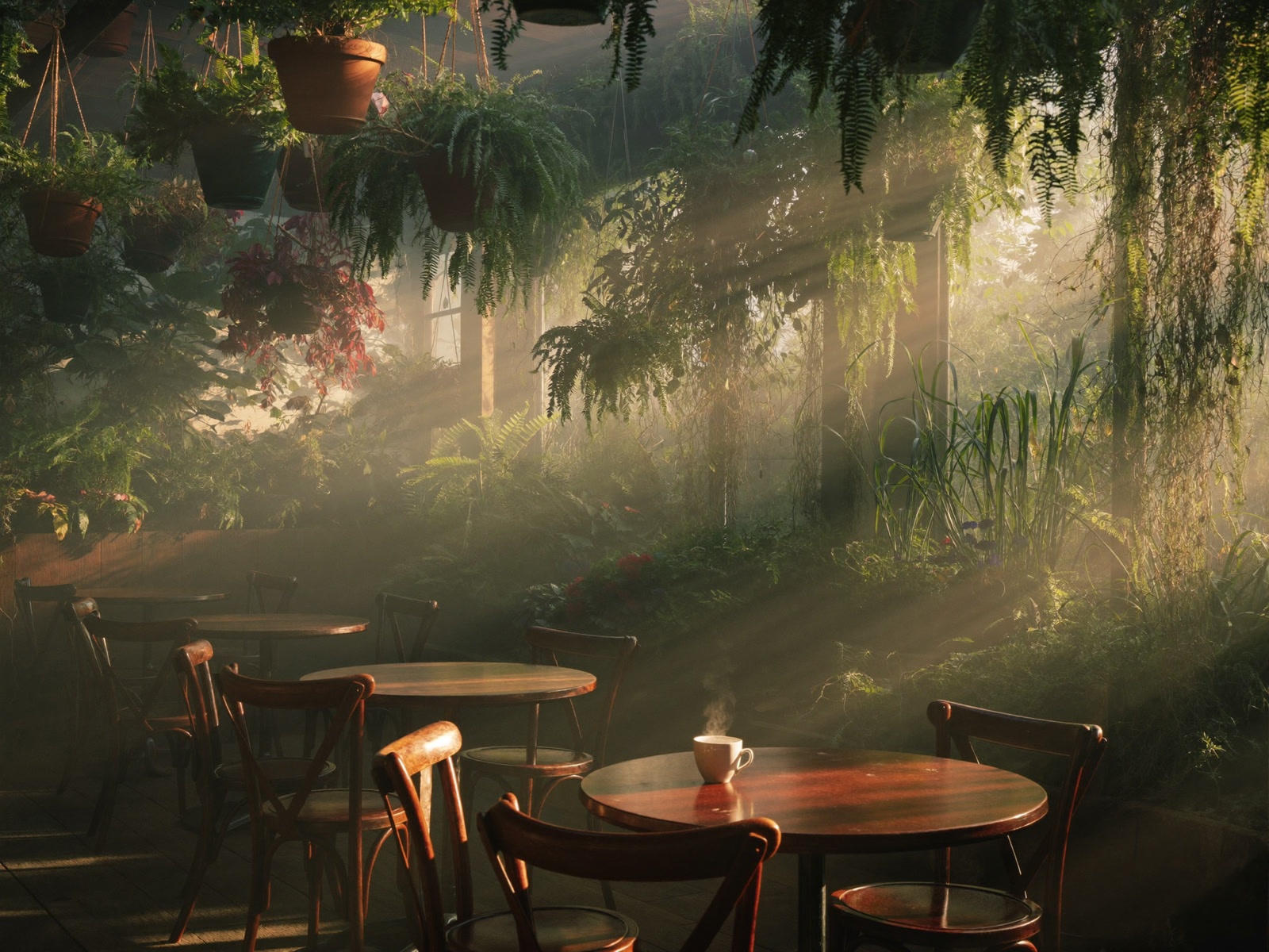 Garden seating among hanging plants